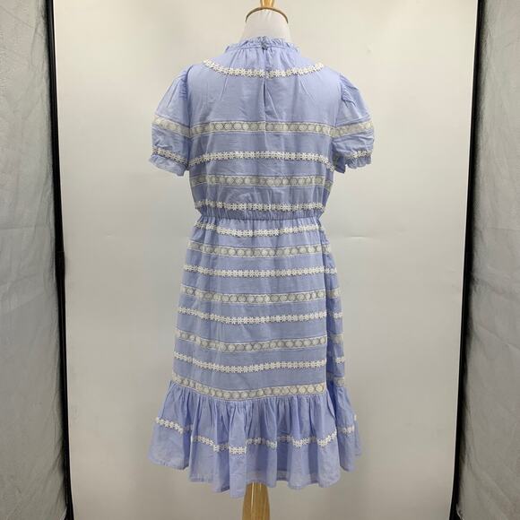 J Crew Dress Womens 6 Sky Blue White Cotton Puff Sleeve Daisy Chain Flounce Hem - Picture 4 of 12